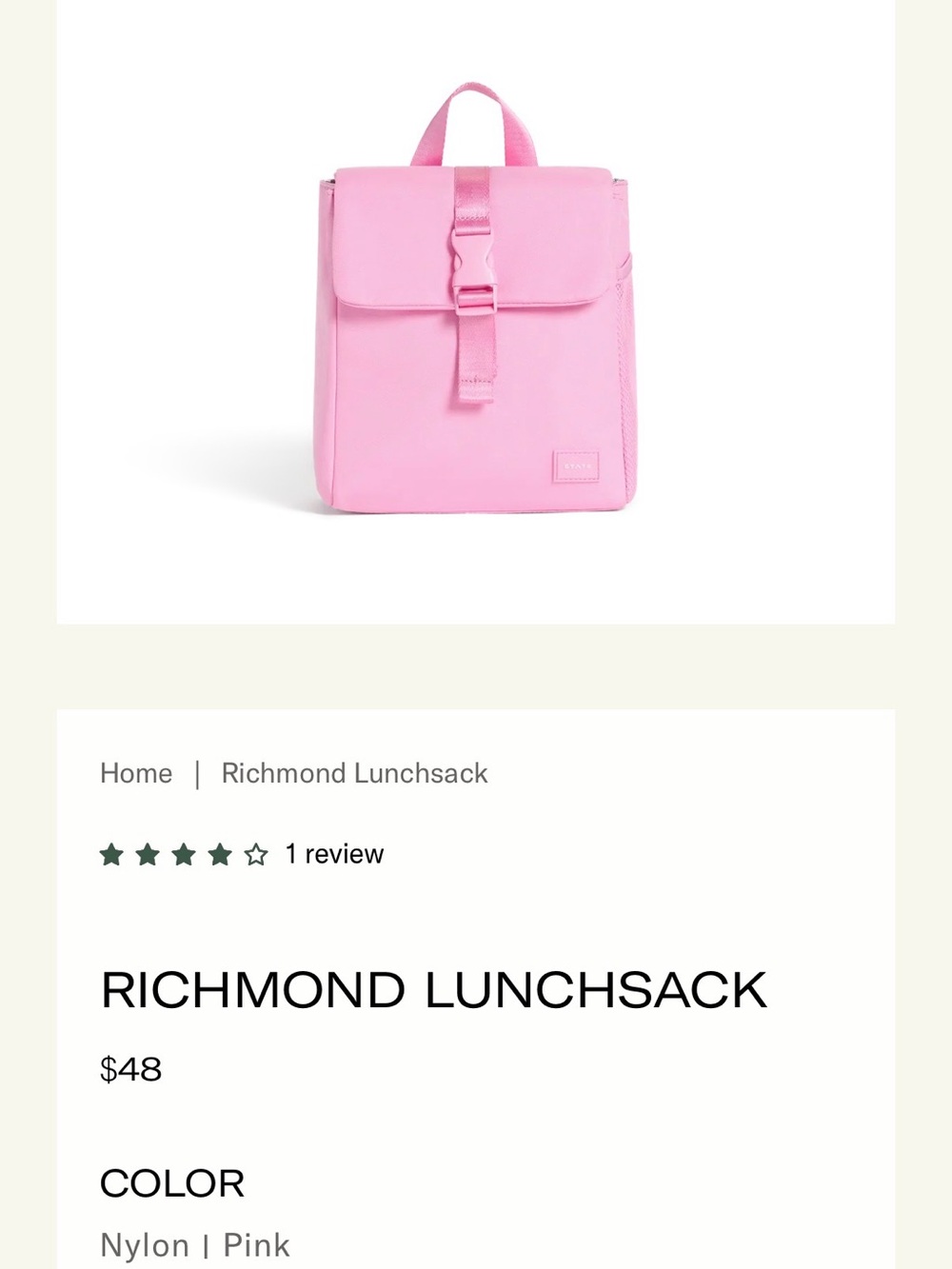 STATE Richmond Pink Nylon Lunch Sack with Buckle Flap NWT